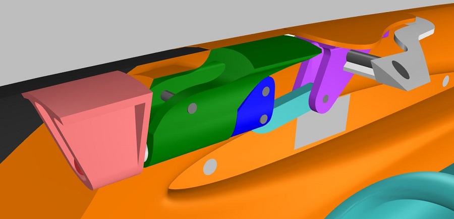 The latch mechanism. The fuselage shell is partly removed in the view